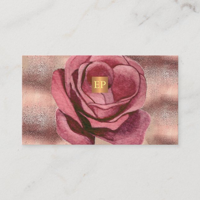 Glam luxury dusty rose floral feminine monogram business card (Front)