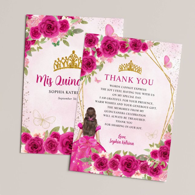 Glam Magenta Pink Gold Floral Princess Quinceañera Thank You Card (Creator Uploaded)