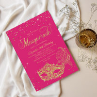 Glam Magenta Pink Gold Glitter Masquerade Birthday