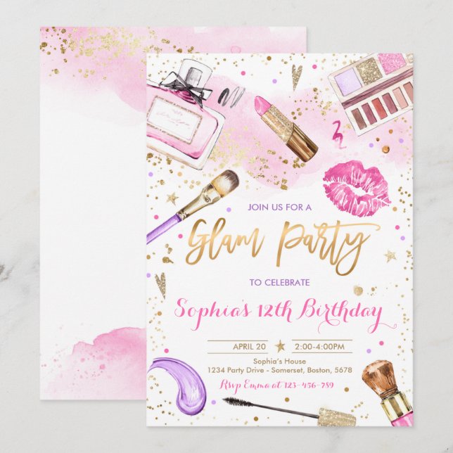 Glam Makeup Birthday Party Blush Pink Spa Party Invitation (Front/Back)