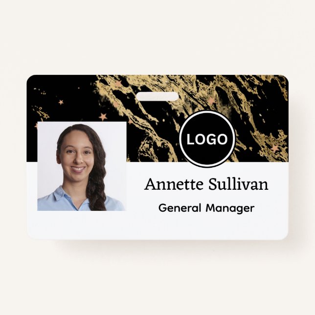 Glam Marble Black & Gold Corporate Employee ID Badge (Front)