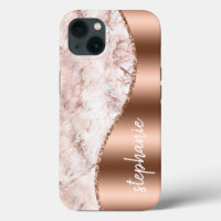 Glam Marble Pink Rose Gold Metallic Name