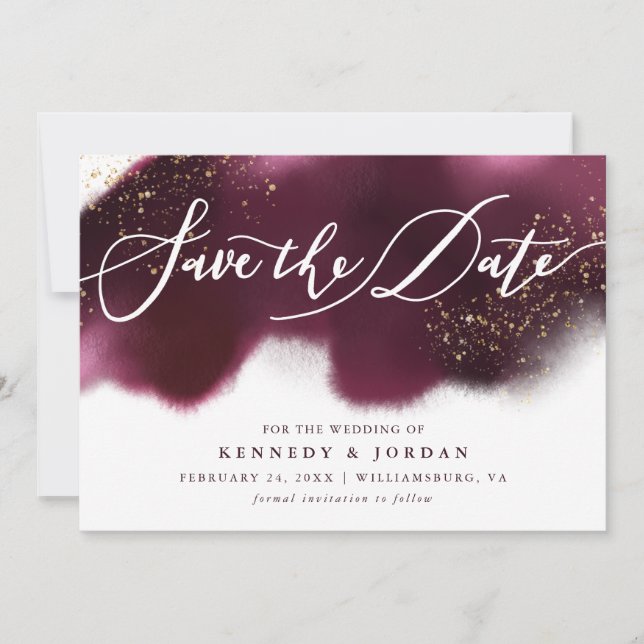 Glam Maroon and Gold Glitter Save The Date (Front)