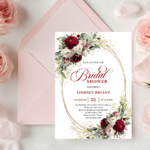 Glam Maroon White Roses Gold Bridal Shower Invite