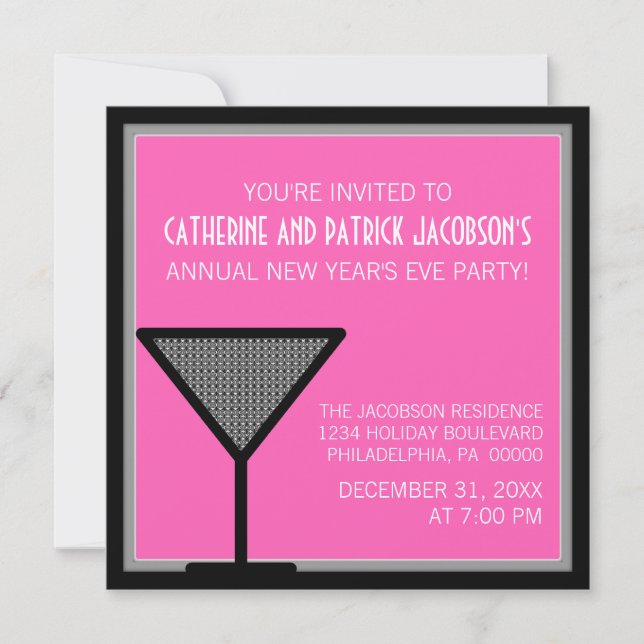 Glam Martini New Year's Invite, Pink Invitation (Front)