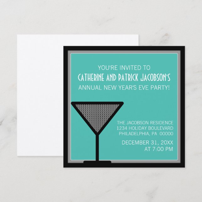 Glam Martini New Year's Invite, Teal Invitation (Front/Back)