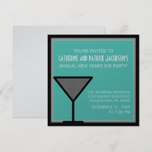Glam Martini New Year's Invite, Teal Invitation