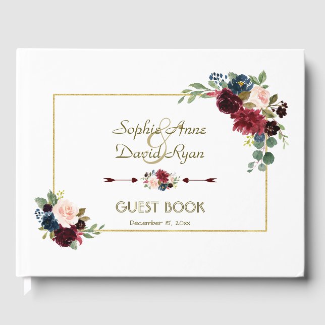 Glam Merlot Navy Blue Floral Wedding Guest Book (Front)