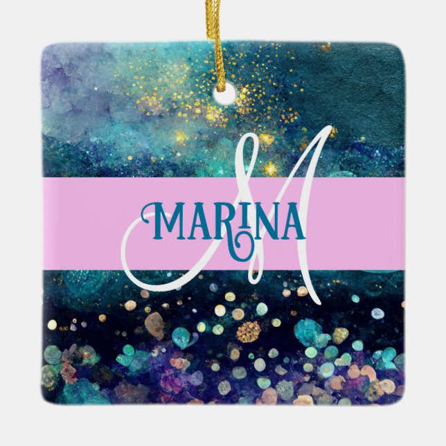 Glam Mermaid Aqua Gold Glitter Sparkles Monogram Ceramic Ornament (Front)