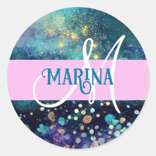 Glam Mermaid Aqua Gold Glitter Sparkles Monogram Classic Round Sticker
