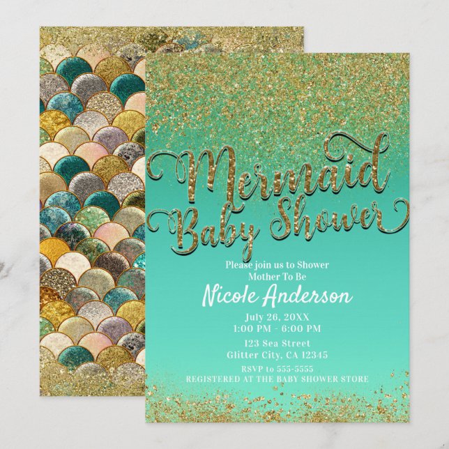 Glam Mermaid Baby Shower Gold Glitter & Teal Invitation (Front/Back)