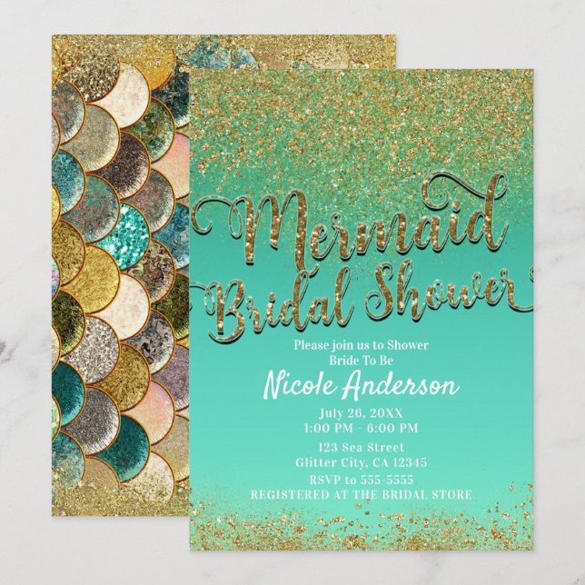 Glam Mermaid Bridal Shower Gold Glitter & Teal Invitation (Front/Back)