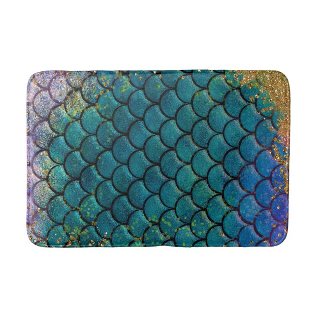 Glam Mermaid Fish Scales Teal Purple Gold Sparkle Bath Mat (Front)