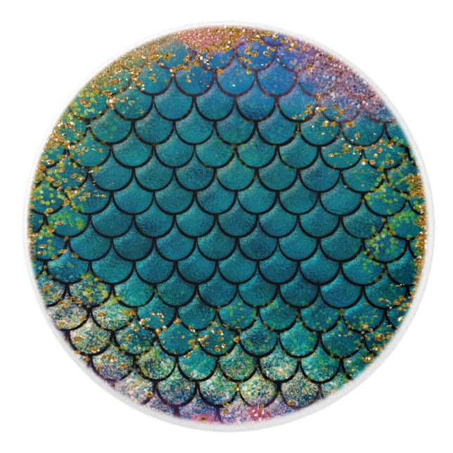 Glam Mermaid Fish Scales Teal Purple Gold Sparkle Ceramic Knob (Front)