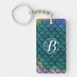 Glam Mermaid Fish Scales Teal Purple Gold Sparkle Key Ring