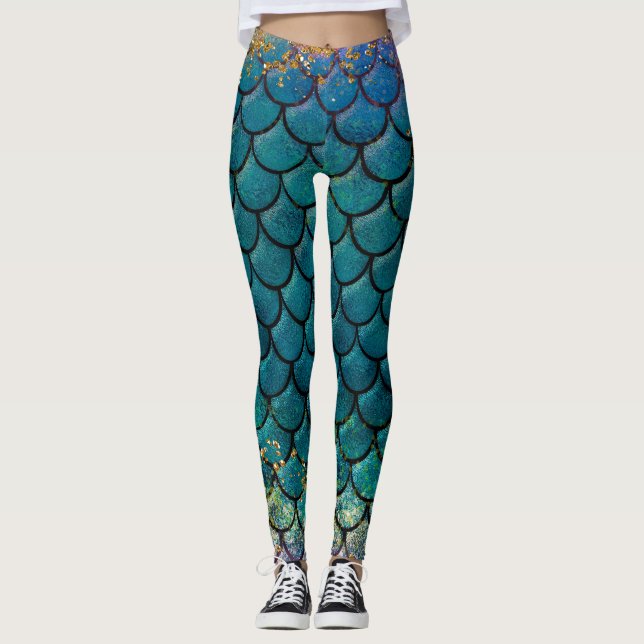 Glam Mermaid Fish Scales Teal Purple Gold Sparkle Leggings (Front)