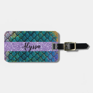 Glam Mermaid Fish Scales Teal Purple Gold Sparkle Luggage Tag
