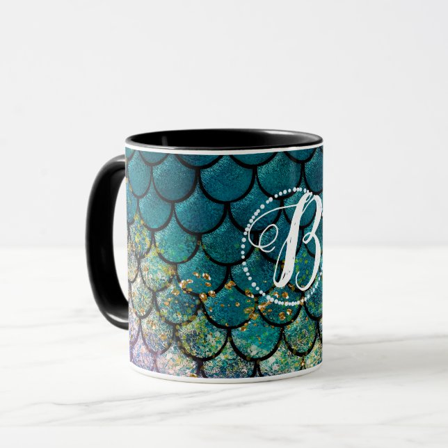 Glam Mermaid Fish Scales Teal Purple Gold Sparkle Mug (Front Left)