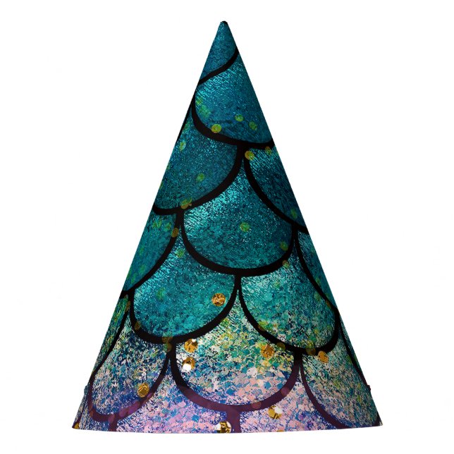 Glam Mermaid Fish Scales Teal Purple Gold Sparkle Party Hat (Front)