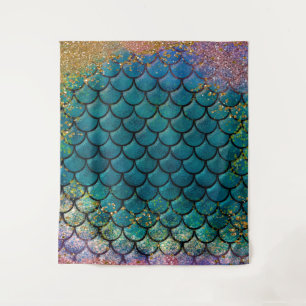 Glam Mermaid Fish Scales Teal Purple Gold Sparkle Tapestry