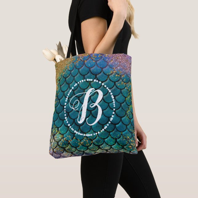 Glam Mermaid Fish Scales Teal Purple Gold Sparkle Tote Bag (Close Up)