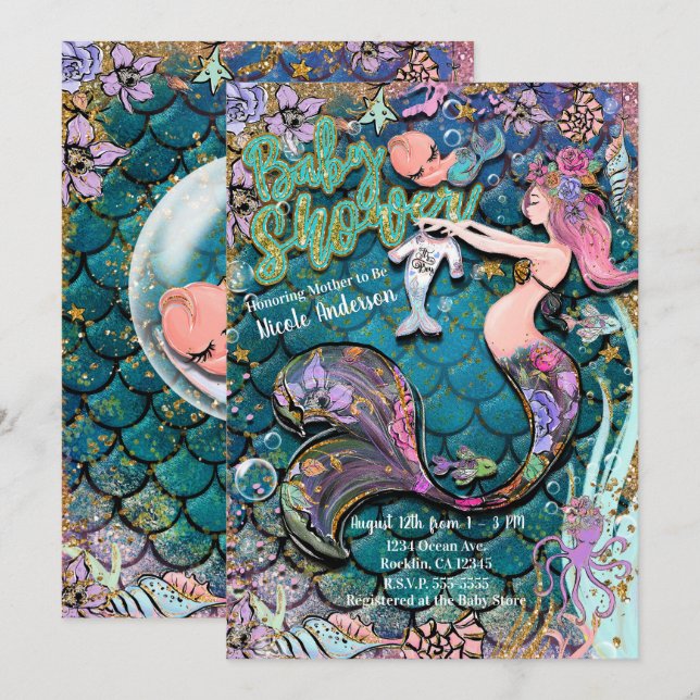 Glam Mermaid Gold Glitter Boys Baby Shower Invitation (Front/Back)