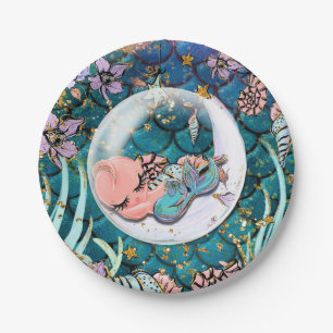Glam Mermaid Gold Glitter Boys Baby Shower Paper Plate