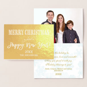 Glam Merry Christmas Happy New Year Family Photo Foil Card