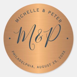 Glam metallic copper gold wedding monogrammed classic round sticker