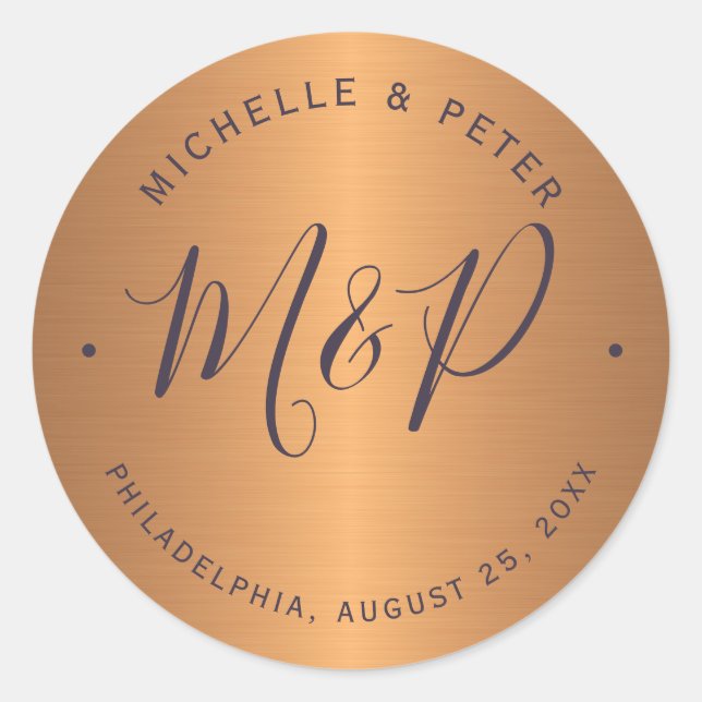 Glam metallic copper gold wedding monogrammed classic round sticker (Front)
