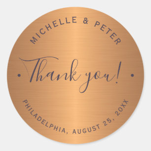 Glam metallic copper gold wedding thank you classic round sticker