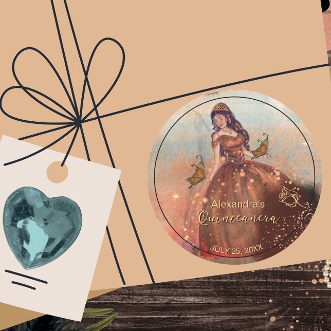 Glam Metallic Copper Quinceañera - Luxe Gown Classic Round Sticker (Elegant Vintage Copper Rose Quinceañera Classic Round Sticker)