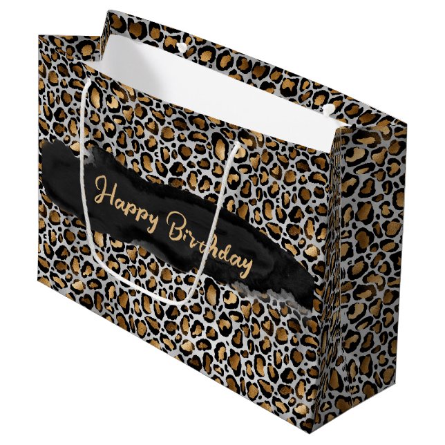 Glam Metallic Leopard Print Birthday Large Gift Bag (Front Angled)