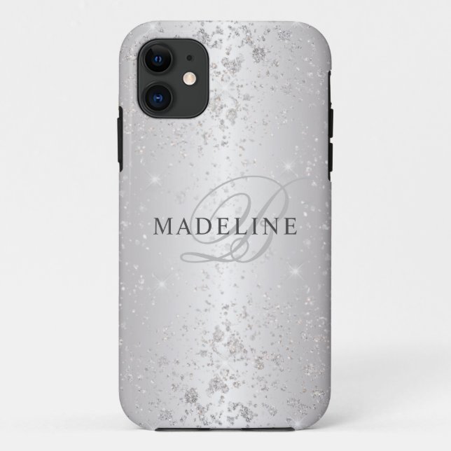 Glam Metallic Silver Glitter Customisable Name Case-Mate iPhone Case (Back)