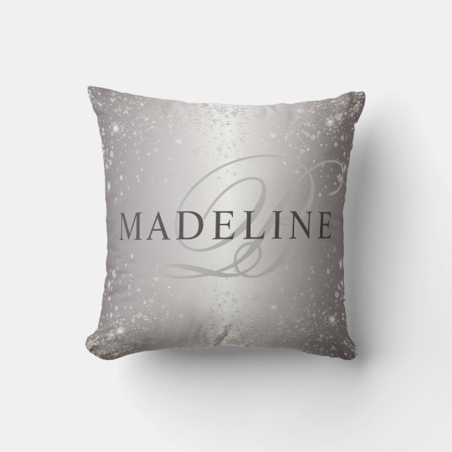 Glam Metallic Silver Glitter Customisable Name Cushion (Front)