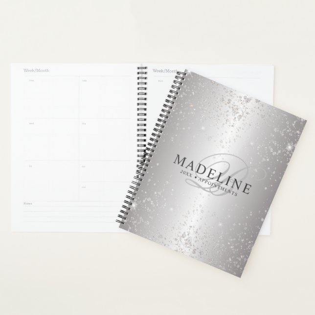 Glam Metallic Silver Glitter Customisable Name Planner (Display)