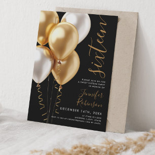 Glam Minimal Gold Balloons Sweet 16 Birthday Black Invitation