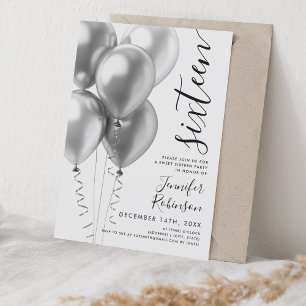 Glam Minimal Silver Balloons Sweet 16 Birthday Invitation