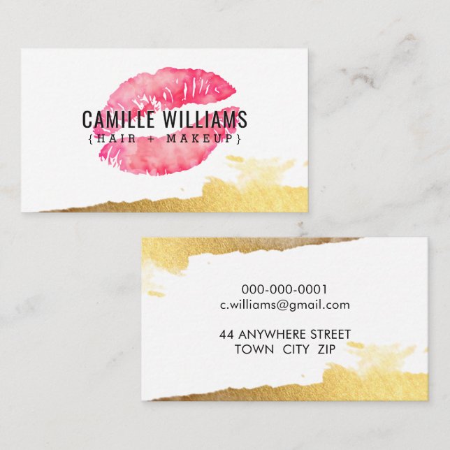 GLAM MINIMALIST gold pink watercolour lipstick Business Card (Front/Back)