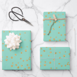 Glam Mint Green and Gold Polka Dots Pattern Wrapping Paper Sheet