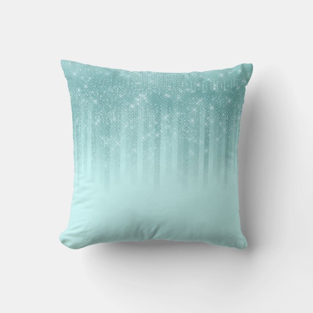 Glam Mint Green Aqua Glitter Striped Gradient Cushion (Front)