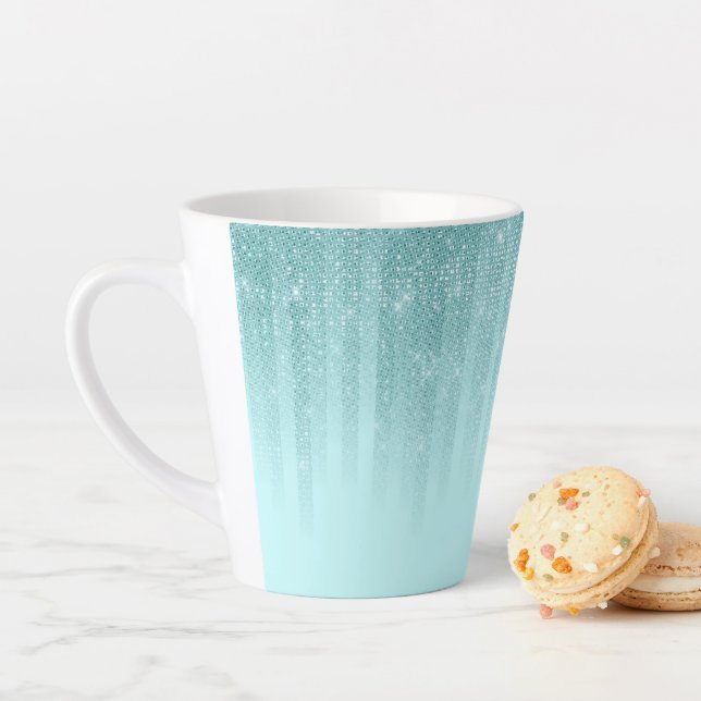 Glam Mint Green Aqua Glitter Striped Gradient Latte Mug (In Situ)