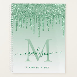 Glam Mint Green Glitter Drips Girly Monogram 2021 Planner