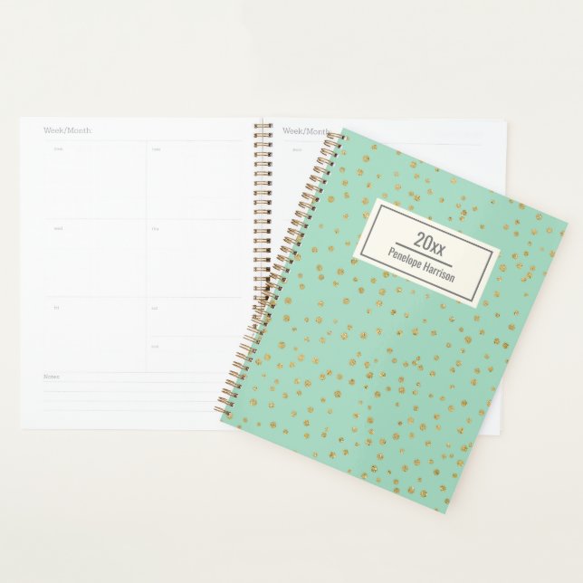 Glam Mint Green Gold Dots Pattern Personalised Planner (Display)