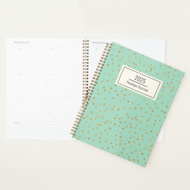 Glam Mint Green Gold Dots Pattern Personalised Planner (Display)