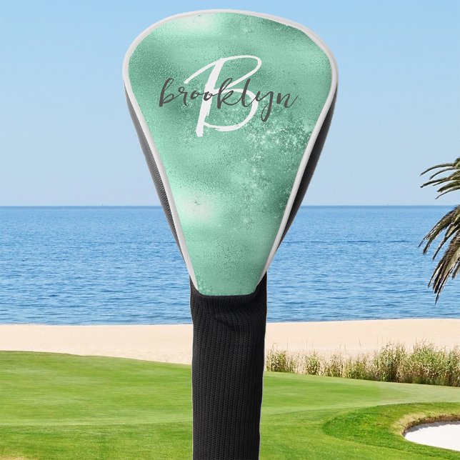 Glam Mint Green Trendy Script Monogram Golf Head Cover (Creator Uploaded)