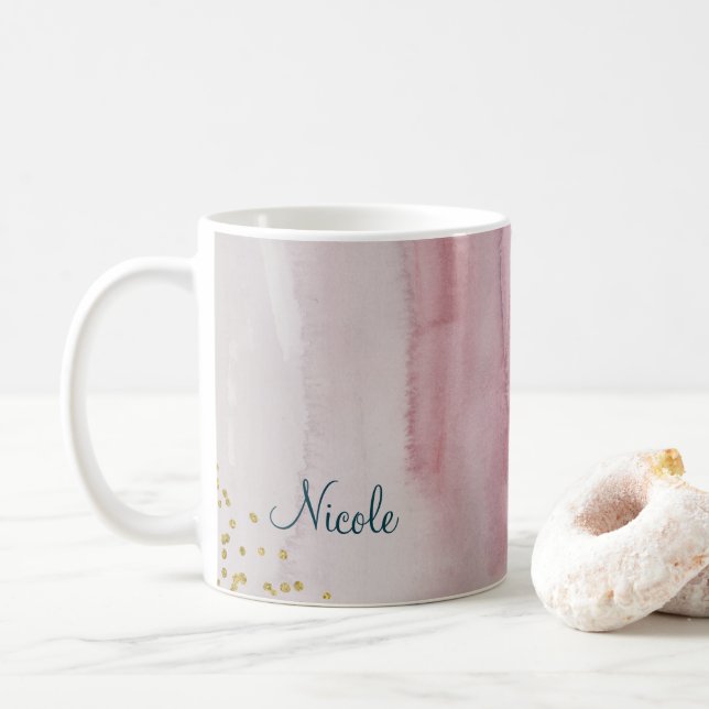 Glam Modern Blush Pink Blue Gold Personalised Coffee Mug (With Donut)