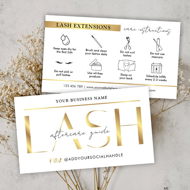 Glam Modern Gold Lash Extensions Aftercare Guide Business Card (Creator Uploaded)