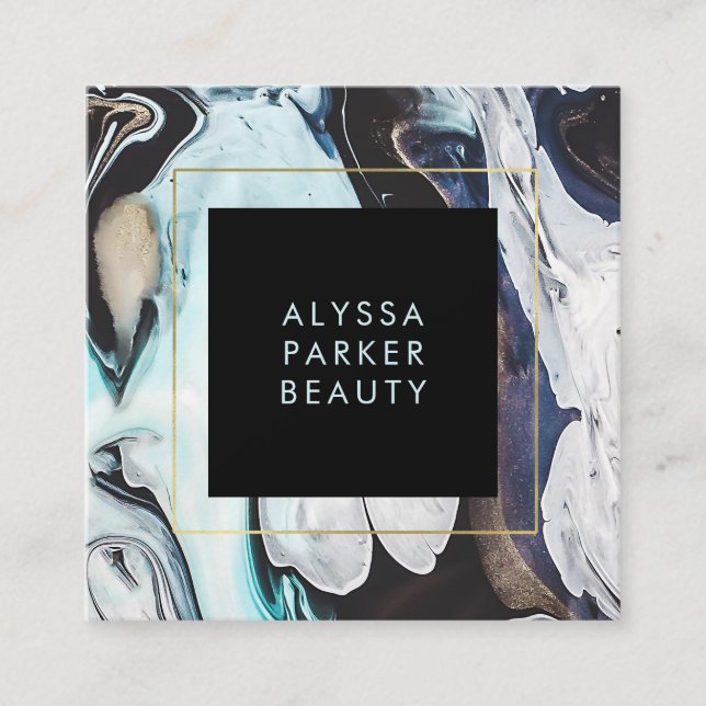 Glam Modern Ink Swirls with Black Square Business Card (Front)
