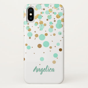 Glam Modern Mint Gold Glitter Confetti Script Name iPhone X Case
